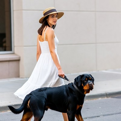 Asian woman walking Rottweiler dog