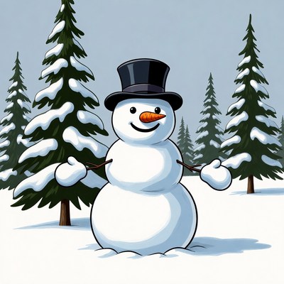 Snowman with top hat in snowy forest