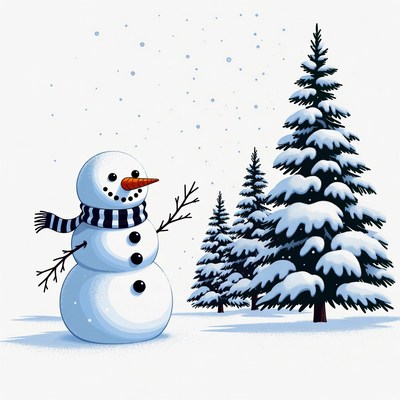 Snowman with Scarf and Pine Trees