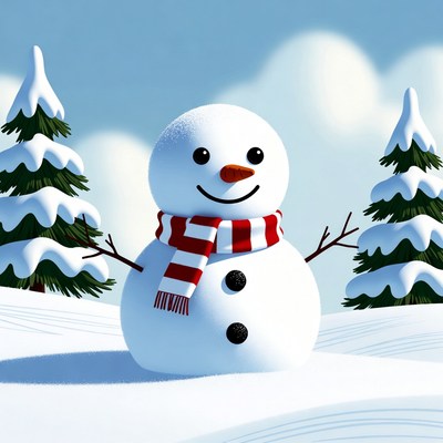 Snowman with red scarf in snow