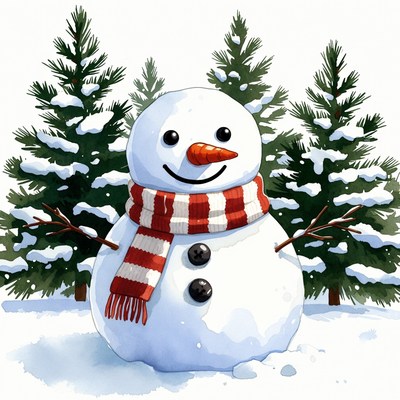Snowman with Scarf and Pine Trees