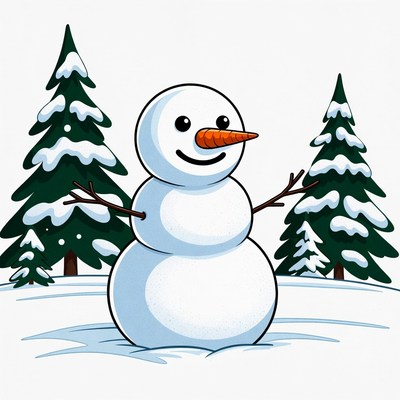Snowman with carrot nose and pine trees