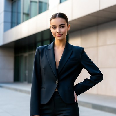 Woman in black blazer suit outside building