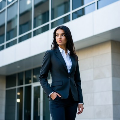 Business woman in front of glass building