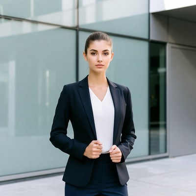 Business woman in navy blazer outside