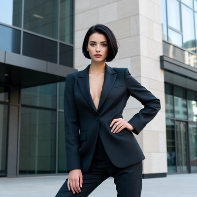 Elegant woman in black suit outside building