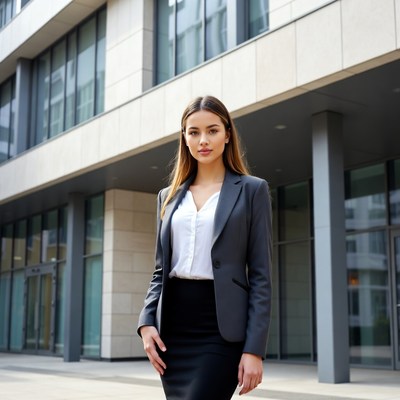 Business woman in gray suit outside building