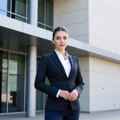 Woman in black suit outside modern building