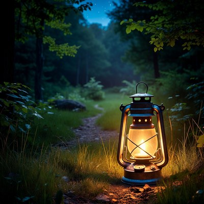 Lantern on Forest Path at Night