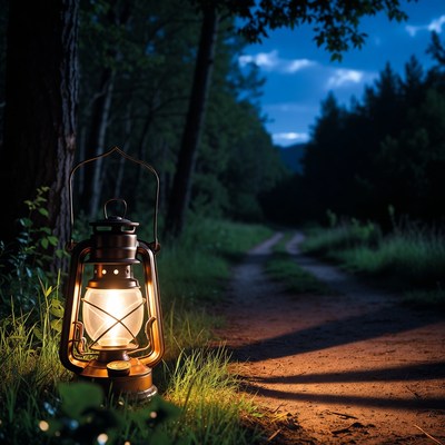 Lantern on Forest Path at Night