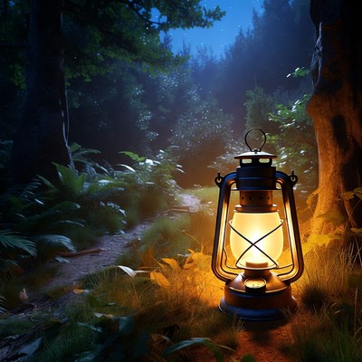 Lantern on Forest Path at Night