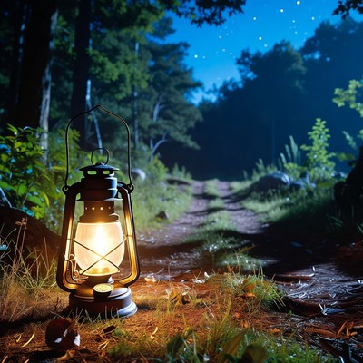Lantern on Forest Path at Night