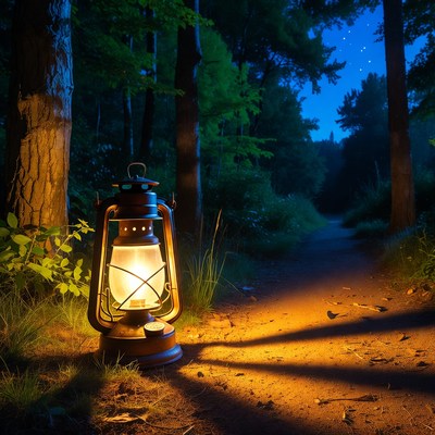 Lantern on Forest Path at Night