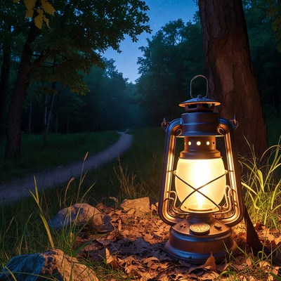 Lantern on Forest Path at Night