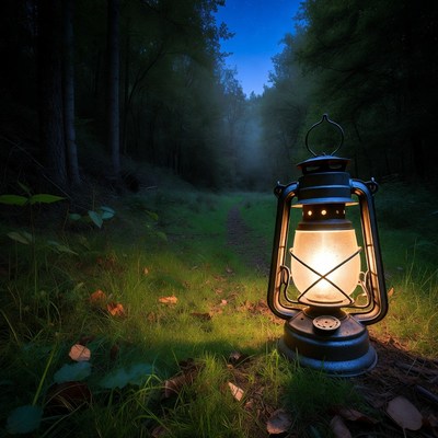 Lantern on Forest Path at Night