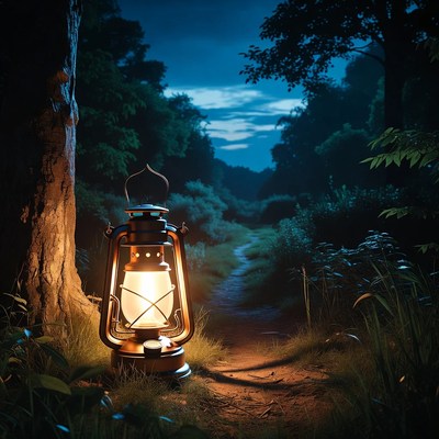 Lantern on Forest Path at Night