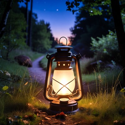 Lantern on Forest Path at Night