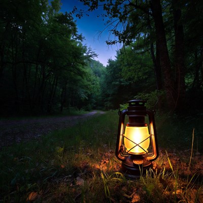 Lantern on Forest Path at Night