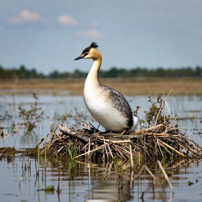 Grebe on nest in marsh