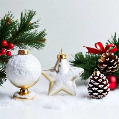 Christmas ornaments with pine cones and snow
