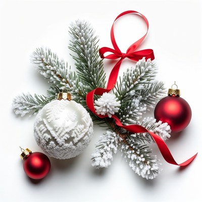 Christmas Ornaments with Snowy Fir Branches