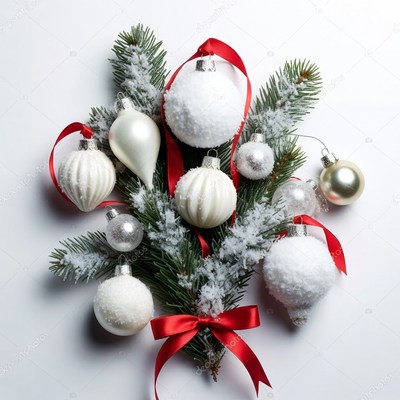 Christmas Ornaments on Snowy Spruce Branch