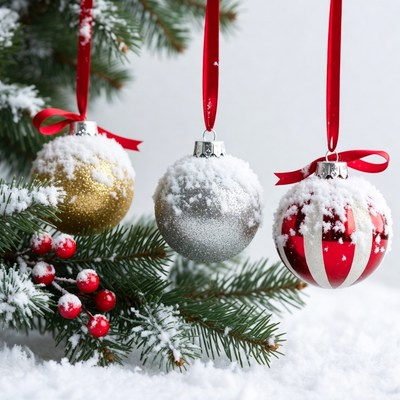 Snowy Christmas Ornaments Hanging on Tree