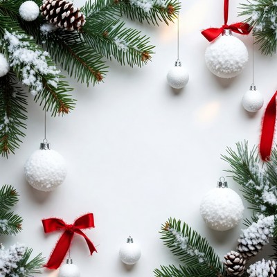 Christmas Pine Branches White Ornaments Frame