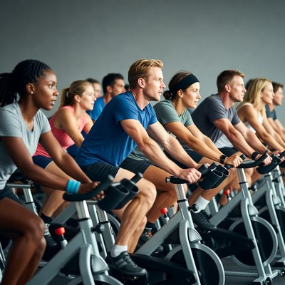 Group cycling class on spin bikes