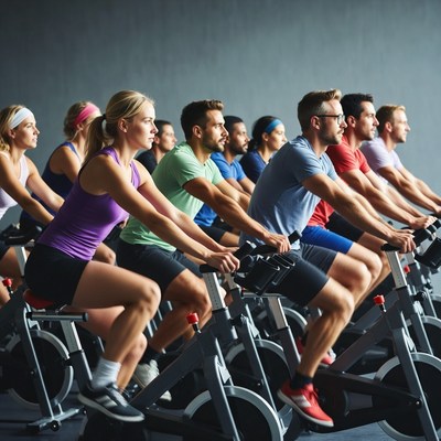 Group cycling class on spin bikes