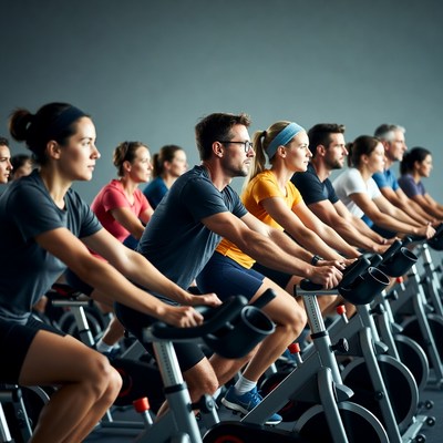Group cycling class on spin bikes