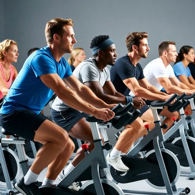 Diverse group exercising on spin bikes
