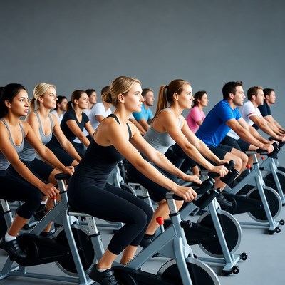 Group spinning class on exercise bikes