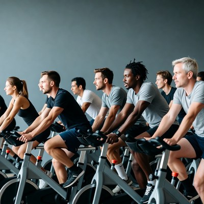 Group cycling class on spin bikes