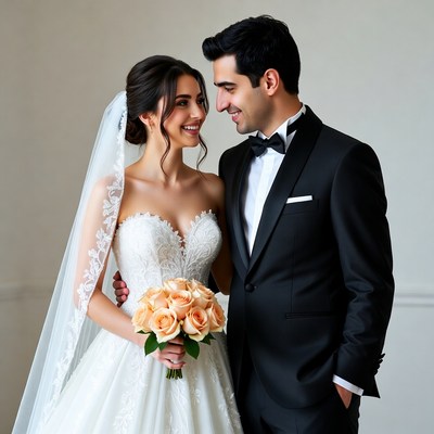 Bride and groom smiling together