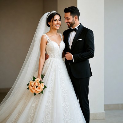 Bride and groom smiling together