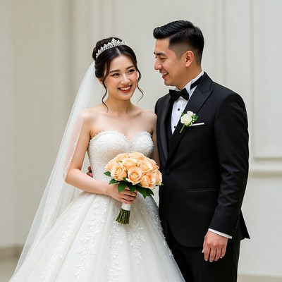 Asian bride and groom smiling together