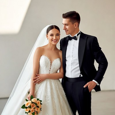 Bride and groom smiling together