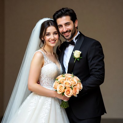 Bride and groom holding bouquet