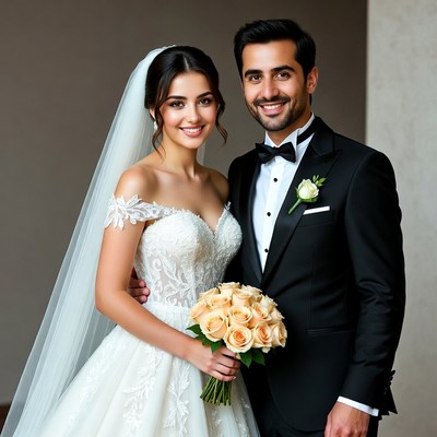 Bride and groom holding bouquet