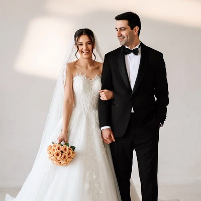 Bride and groom holding hands