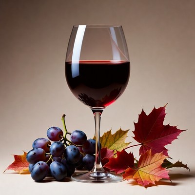 Red Wine Glass with Grapes and Autumn Leaves