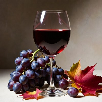Red Wine Glass with Grapes and Autumn Leaves