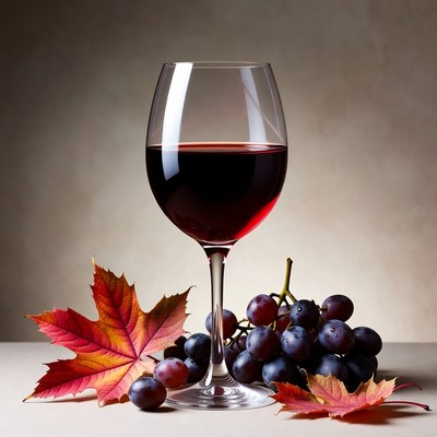 Red Wine Glass with Grapes and Autumn Leaves