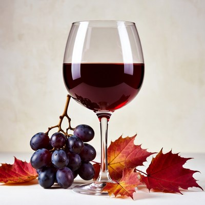 Red Wine Glass with Grapes and Autumn Leaves