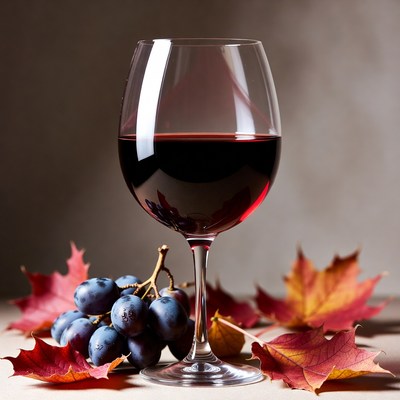 Red Wine Glass with Grapes and Autumn Leaves