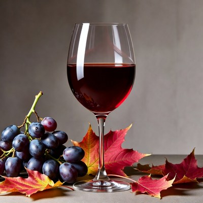 Red Wine Glass with Grapes and Autumn Leaves