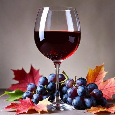 Red Wine Glass with Grapes and Autumn Leaves