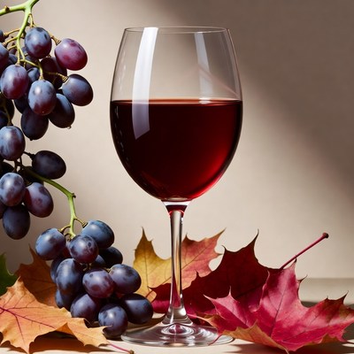 Red Wine Glass with Grapes and Autumn Leaves