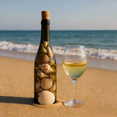 Wine Bottle with Seashells on Beach